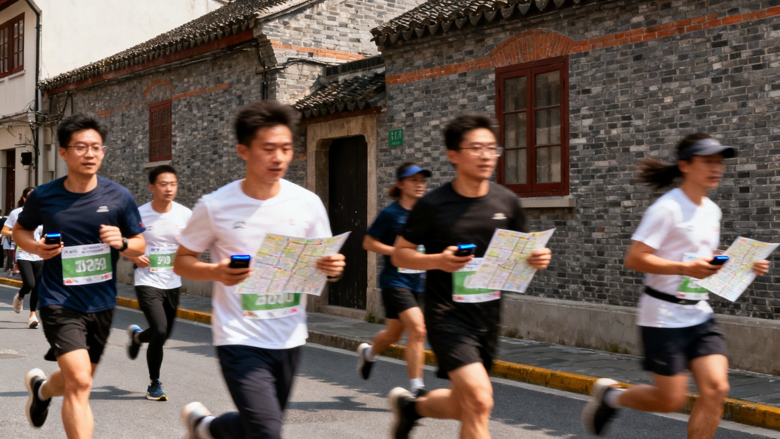 十几名城市定向赛选手奔跑在上海老城厢历史街区中，手持地图与打卡设备，背景是青砖灰瓦的传统建筑与现代化高楼交相辉映。